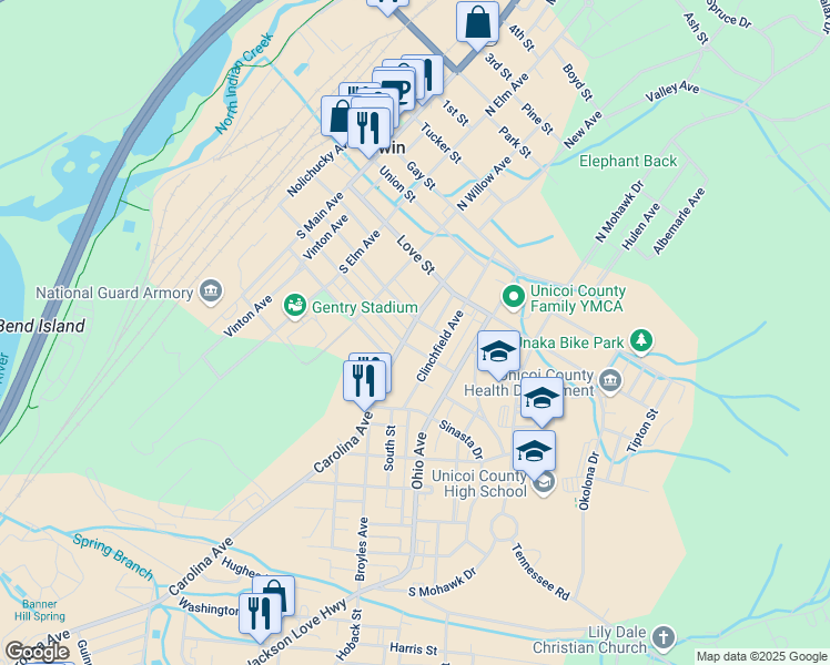 map of restaurants, bars, coffee shops, grocery stores, and more near 350 Carolina Avenue in Erwin