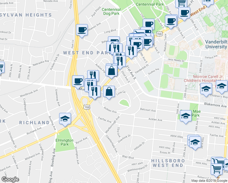 map of restaurants, bars, coffee shops, grocery stores, and more near 3311A Orleans Drive in Nashville