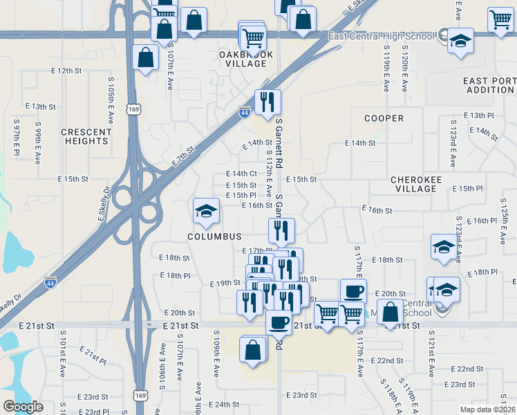 map of restaurants, bars, coffee shops, grocery stores, and more near 11015 East 16th Street in Tulsa