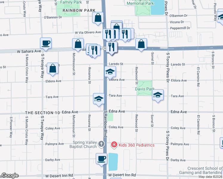 map of restaurants, bars, coffee shops, grocery stores, and more near 6870 Tara Avenue in Las Vegas