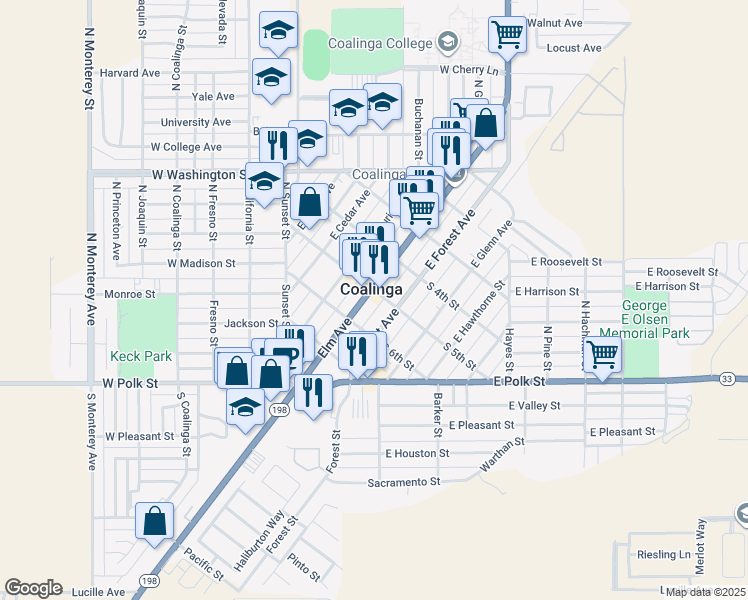 map of restaurants, bars, coffee shops, grocery stores, and more near 197 Coalinga Plaza in Coalinga