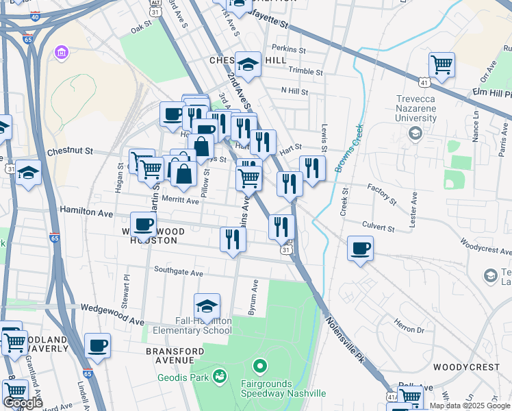 map of restaurants, bars, coffee shops, grocery stores, and more near 1411 4th Avenue South in Nashville