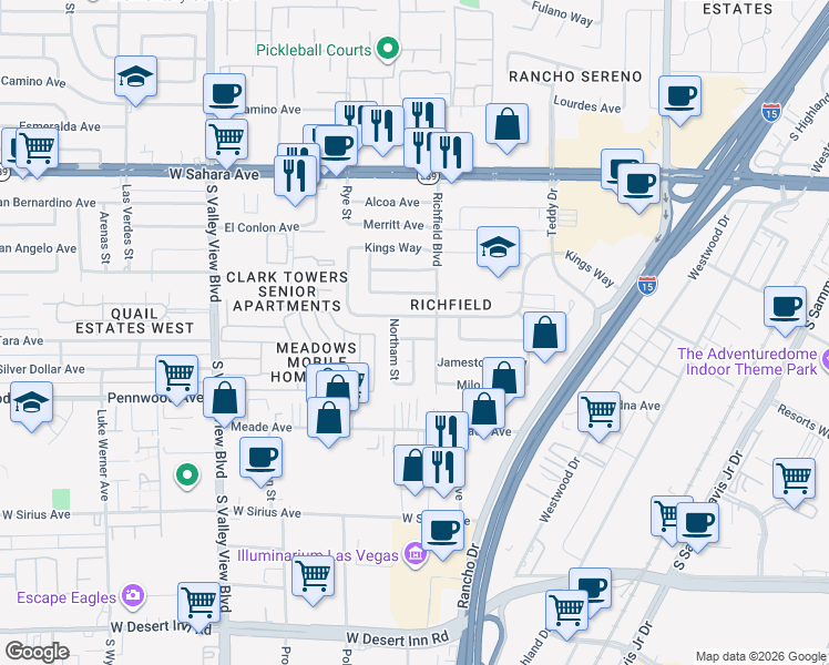 map of restaurants, bars, coffee shops, grocery stores, and more near 3012 Palm Springs Way in Las Vegas