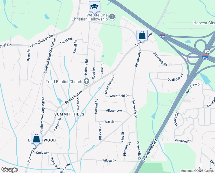 map of restaurants, bars, coffee shops, grocery stores, and more near 4205 Summit View Drive in Greensboro
