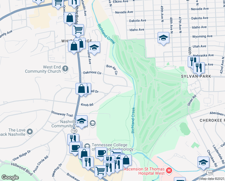map of restaurants, bars, coffee shops, grocery stores, and more near 5429 Knob Road in Nashville