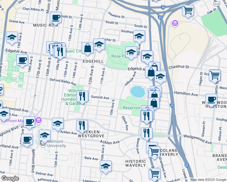 map of restaurants, bars, coffee shops, grocery stores, and more near 1446 11th Avenue South in Nashville
