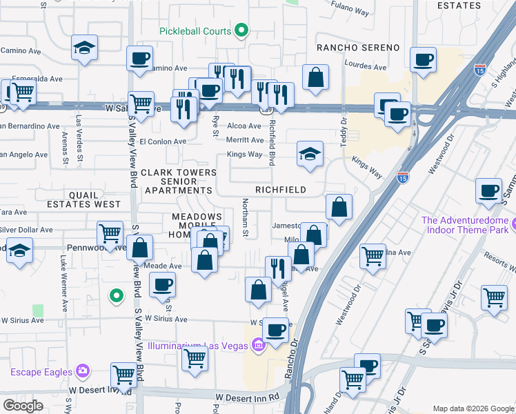 map of restaurants, bars, coffee shops, grocery stores, and more near 3012 Palm Springs Way in Las Vegas