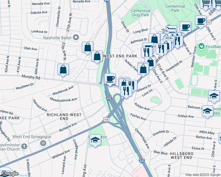 map of restaurants, bars, coffee shops, grocery stores, and more near 3431 Murphy Road in Nashville