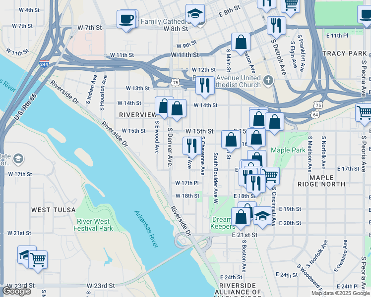 map of restaurants, bars, coffee shops, grocery stores, and more near 1606 South Carson Avenue in Tulsa