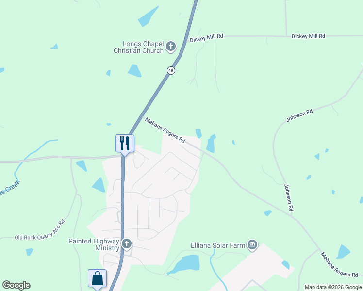 map of restaurants, bars, coffee shops, grocery stores, and more near 2511 Mebane Rogers Road in Burlington