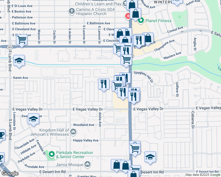 map of restaurants, bars, coffee shops, grocery stores, and more near 2725 South Nellis Boulevard in Las Vegas