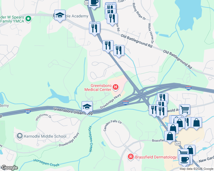 map of restaurants, bars, coffee shops, grocery stores, and more near 3801 Battleground Avenue in Greensboro