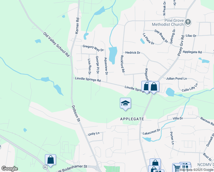 map of restaurants, bars, coffee shops, grocery stores, and more near 301 Linville Springs Road in Kernersville