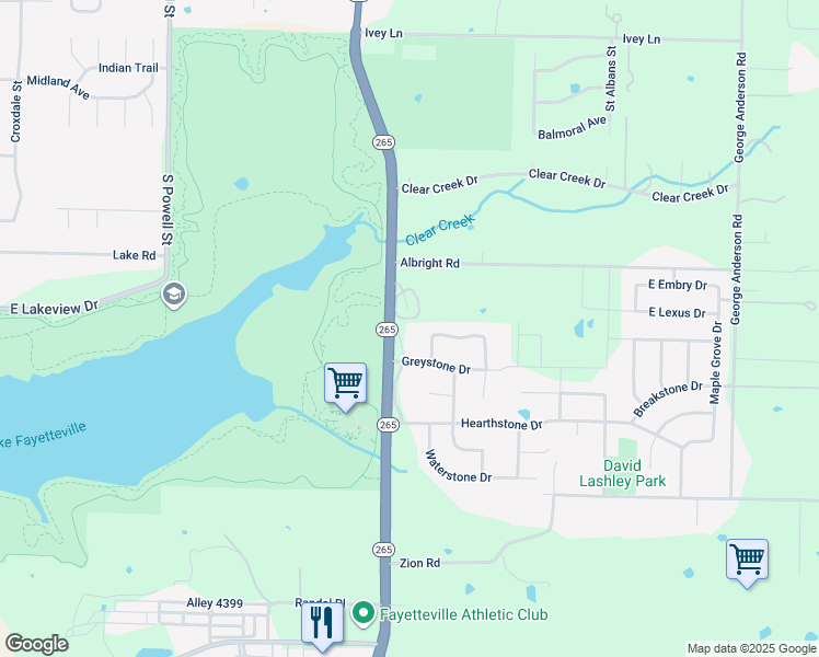 map of restaurants, bars, coffee shops, grocery stores, and more near 4894 Castlewood Lane in Fayetteville