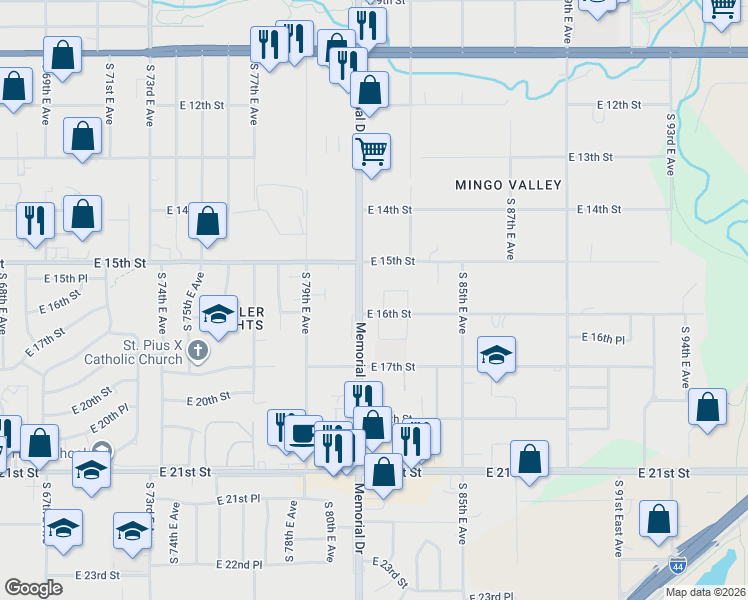map of restaurants, bars, coffee shops, grocery stores, and more near 1535 South Memorial Drive in Tulsa