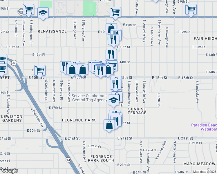 map of restaurants, bars, coffee shops, grocery stores, and more near 1527 South Gary Place in Tulsa