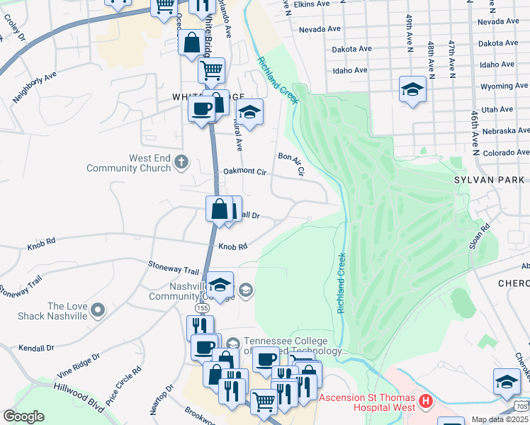 map of restaurants, bars, coffee shops, grocery stores, and more near 5522 Kendall Drive in Nashville