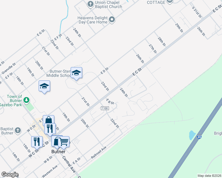 map of restaurants, bars, coffee shops, grocery stores, and more near 701 East C Street in Butner