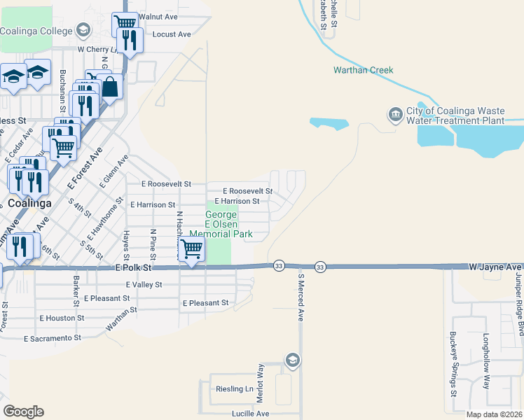 map of restaurants, bars, coffee shops, grocery stores, and more near 540 East Sullivan Street in Coalinga