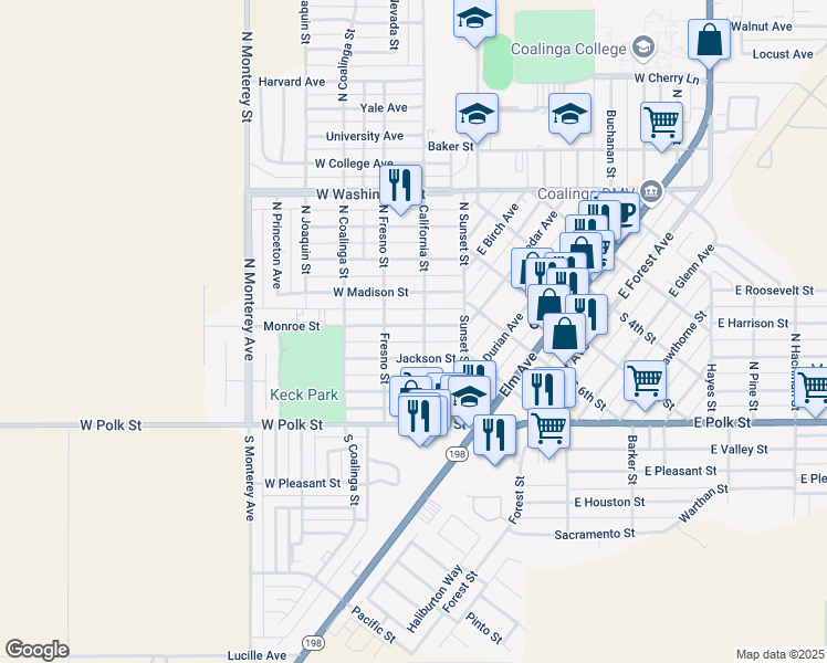 map of restaurants, bars, coffee shops, grocery stores, and more near 247 Monroe Street in Coalinga