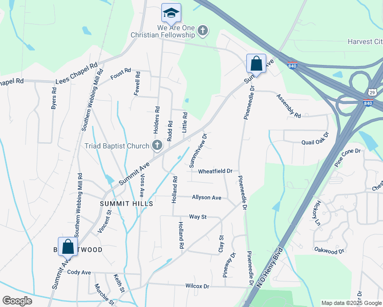 map of restaurants, bars, coffee shops, grocery stores, and more near 4107 Summitview Drive in Greensboro