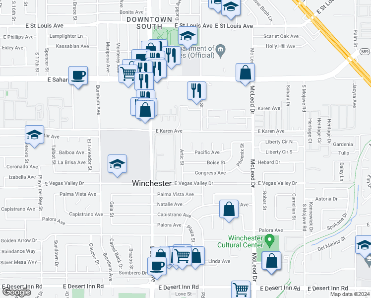 map of restaurants, bars, coffee shops, grocery stores, and more near 2758 Artic Street in Las Vegas