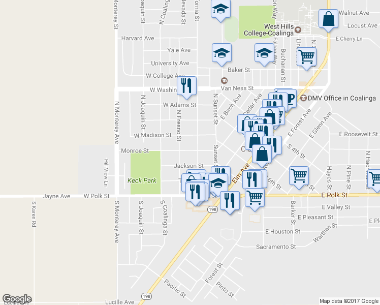 map of restaurants, bars, coffee shops, grocery stores, and more near 247 Monroe Street in Coalinga