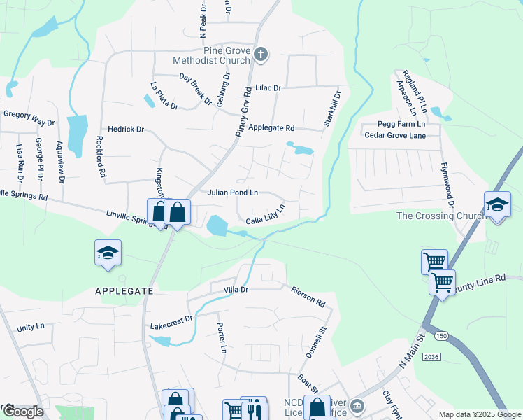 map of restaurants, bars, coffee shops, grocery stores, and more near 104 Sydney Court in Kernersville