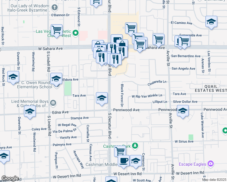 map of restaurants, bars, coffee shops, grocery stores, and more near 2830 South Decatur Boulevard in Las Vegas