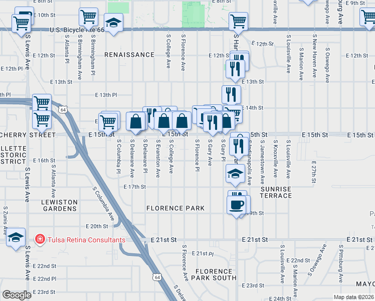 map of restaurants, bars, coffee shops, grocery stores, and more near 1531 South Florence Avenue in Tulsa