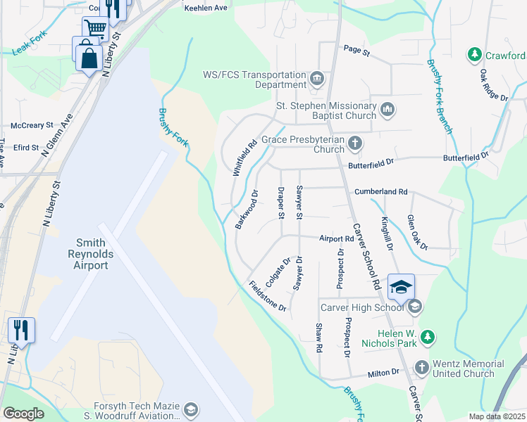 map of restaurants, bars, coffee shops, grocery stores, and more near 3827 Barkwood Drive in Winston-Salem