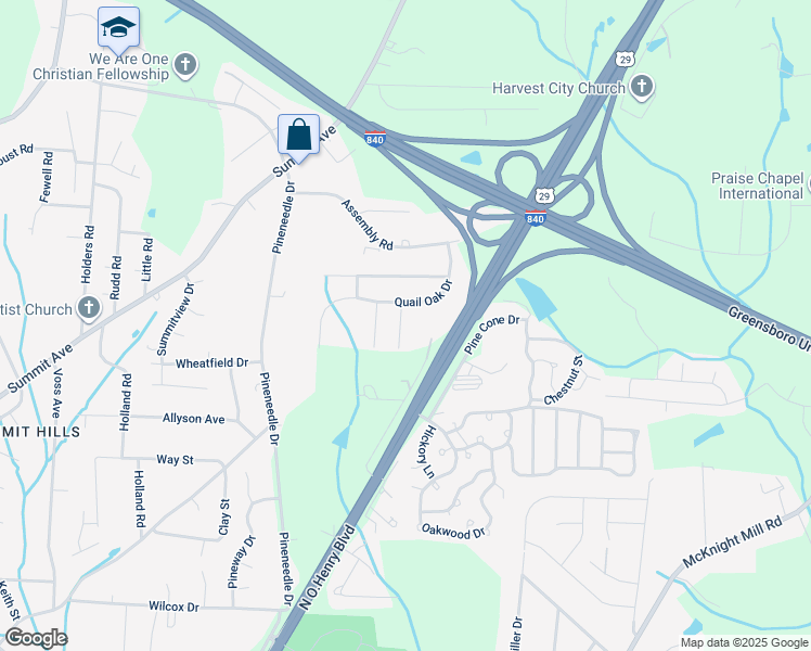 map of restaurants, bars, coffee shops, grocery stores, and more near 4108 Flowering Path Lane in Greensboro