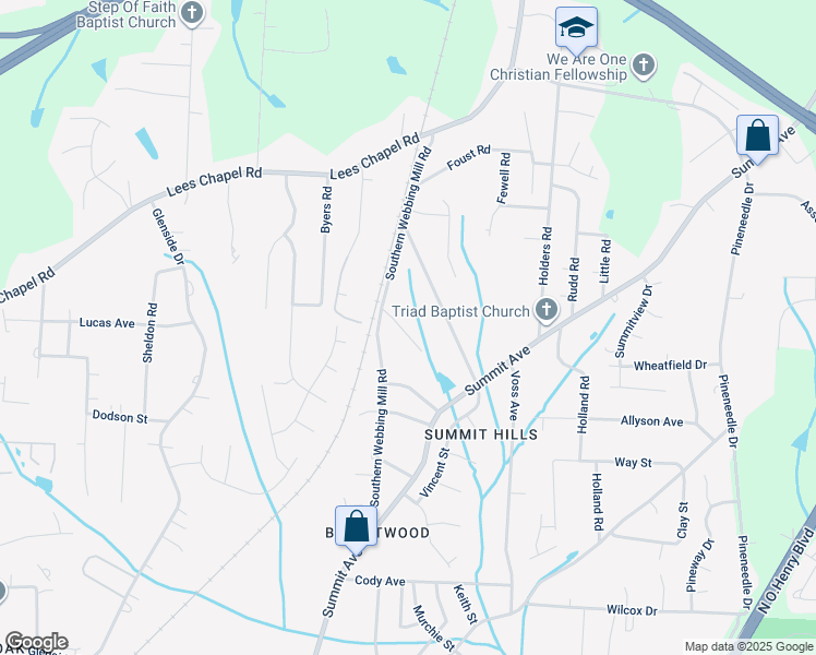 map of restaurants, bars, coffee shops, grocery stores, and more near 1707 Alexsandria Road in Greensboro