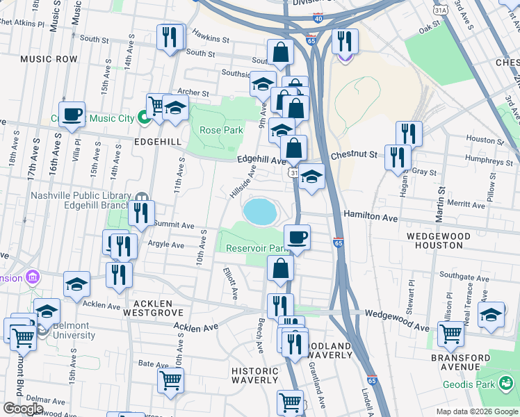 map of restaurants, bars, coffee shops, grocery stores, and more near in Nashville