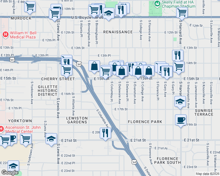 map of restaurants, bars, coffee shops, grocery stores, and more near 1532 South Columbia Place in Tulsa