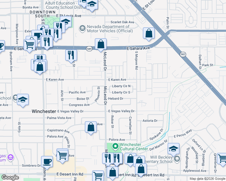 map of restaurants, bars, coffee shops, grocery stores, and more near 3040 Liberty Circle North in Las Vegas