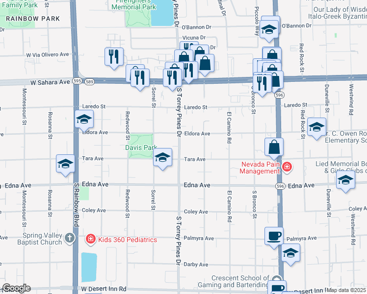 map of restaurants, bars, coffee shops, grocery stores, and more near 2750 South Torrey Pines Drive in Las Vegas