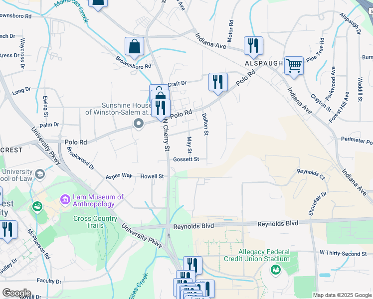 map of restaurants, bars, coffee shops, grocery stores, and more near 4010 May Street in Winston-Salem