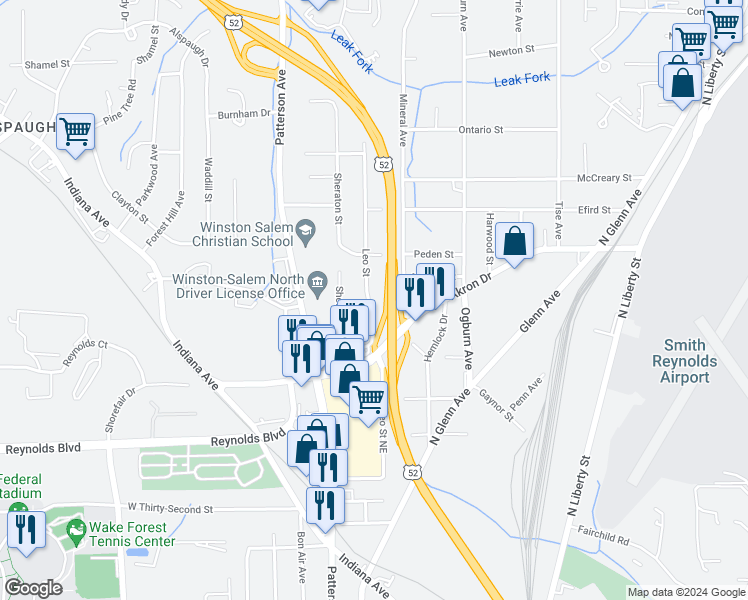 map of restaurants, bars, coffee shops, grocery stores, and more near 3867 Leo Street in Winston-Salem