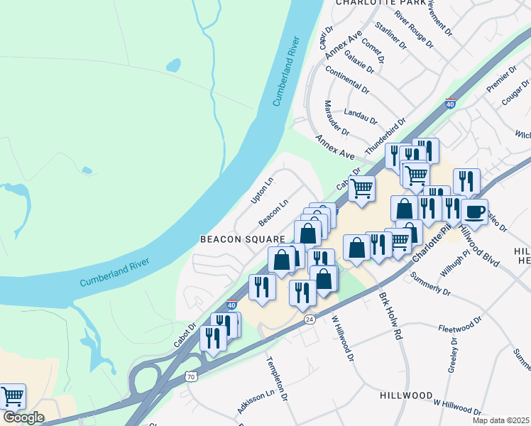 map of restaurants, bars, coffee shops, grocery stores, and more near 6640 Beacon Lane in Nashville