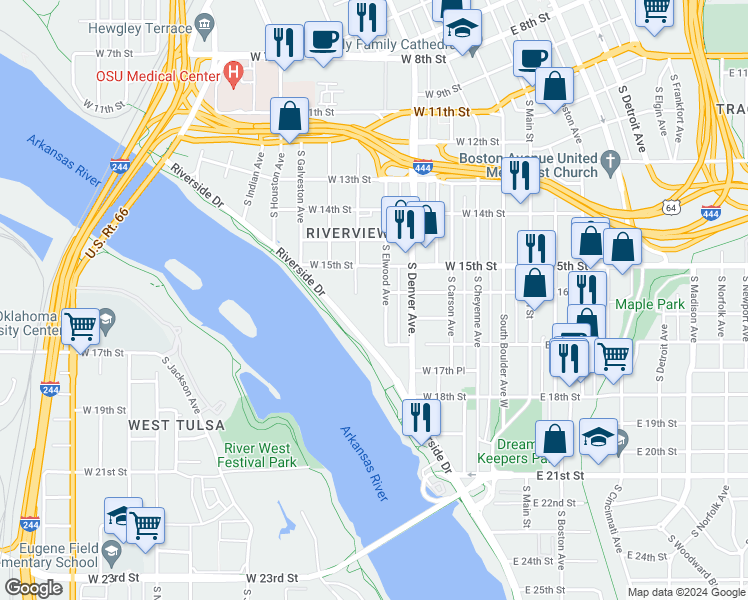 map of restaurants, bars, coffee shops, grocery stores, and more near 1608 South Elwood Avenue in Tulsa