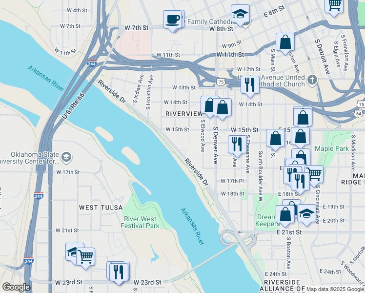 map of restaurants, bars, coffee shops, grocery stores, and more near 1611 Riverside Drive in Tulsa