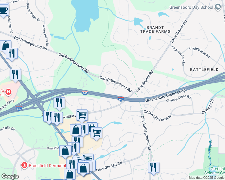 map of restaurants, bars, coffee shops, grocery stores, and more near 2865 Treestead Circle in Greensboro