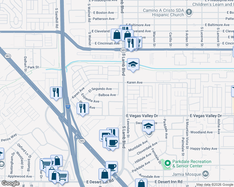 map of restaurants, bars, coffee shops, grocery stores, and more near 4130 Balboa Avenue in Las Vegas