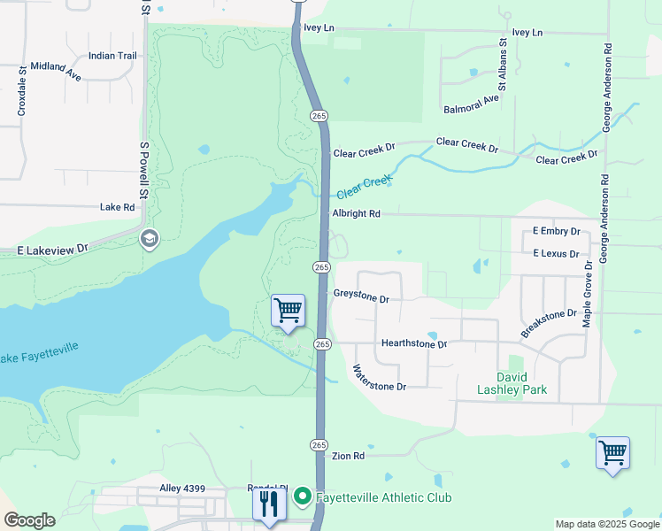 map of restaurants, bars, coffee shops, grocery stores, and more near 4894 Castlewood Lane in Fayetteville