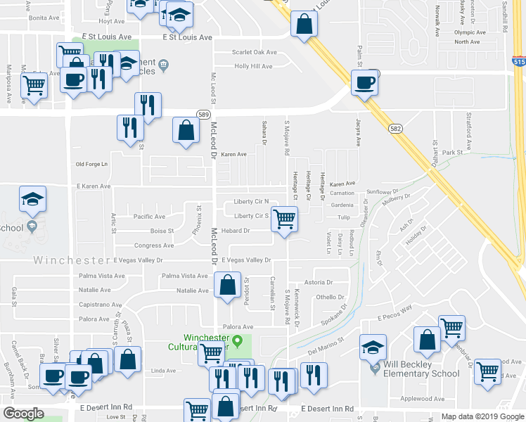 map of restaurants, bars, coffee shops, grocery stores, and more near 3120 Liberty Circle South in Las Vegas