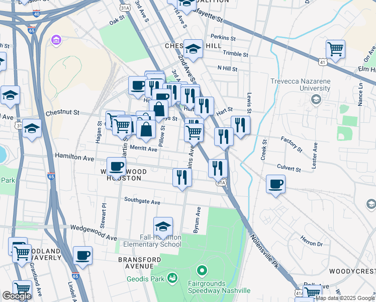 map of restaurants, bars, coffee shops, grocery stores, and more near 111 Rains Avenue in Nashville