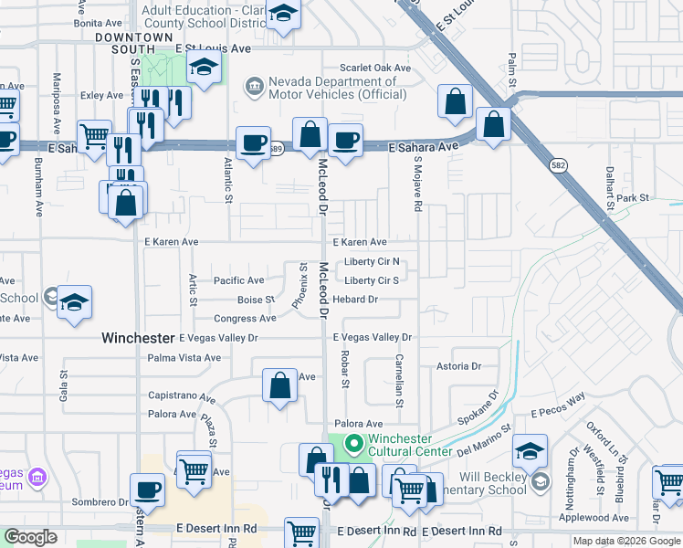 map of restaurants, bars, coffee shops, grocery stores, and more near 3030 Liberty Circle North in Las Vegas