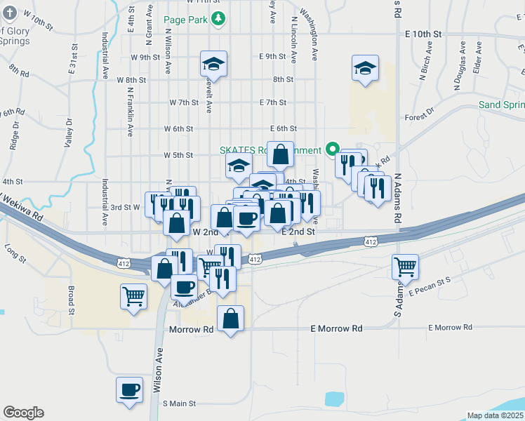map of restaurants, bars, coffee shops, grocery stores, and more near 6 East Broadway Street in Sand Springs