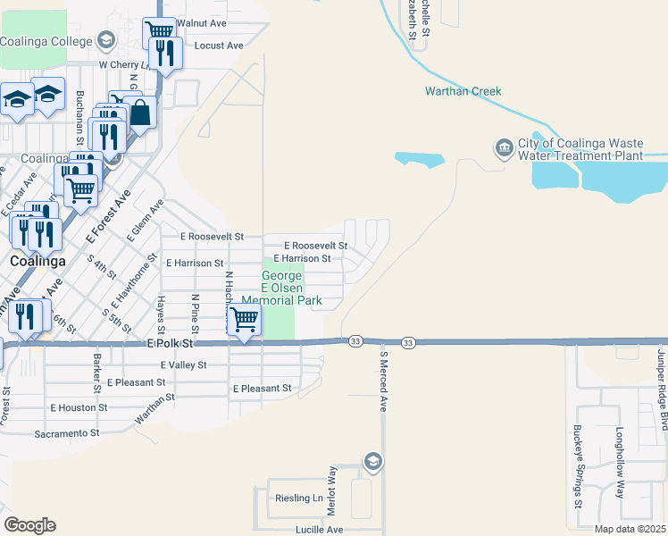map of restaurants, bars, coffee shops, grocery stores, and more near 540 East Sullivan Street in Coalinga